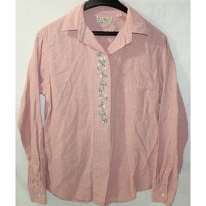 Vintage LL Bean Womens Sz L Cotton Pink Embroidered Flower Button Shirt USA Made